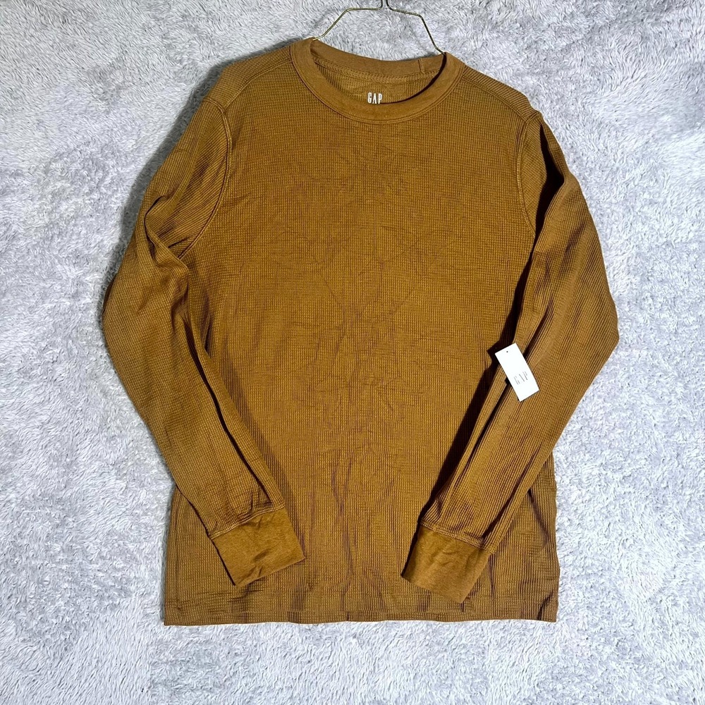 Gap Shirt Mens Medium Brown Cotton Stretch Waffle Knit Long Sleeve Pullover